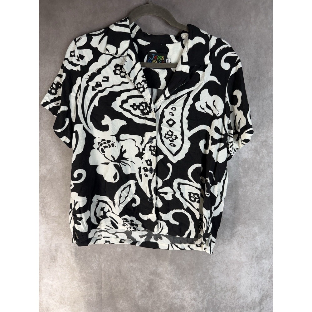 Jams World Short Sleeve Bisquetes Button Down Blouse In Black White Size M